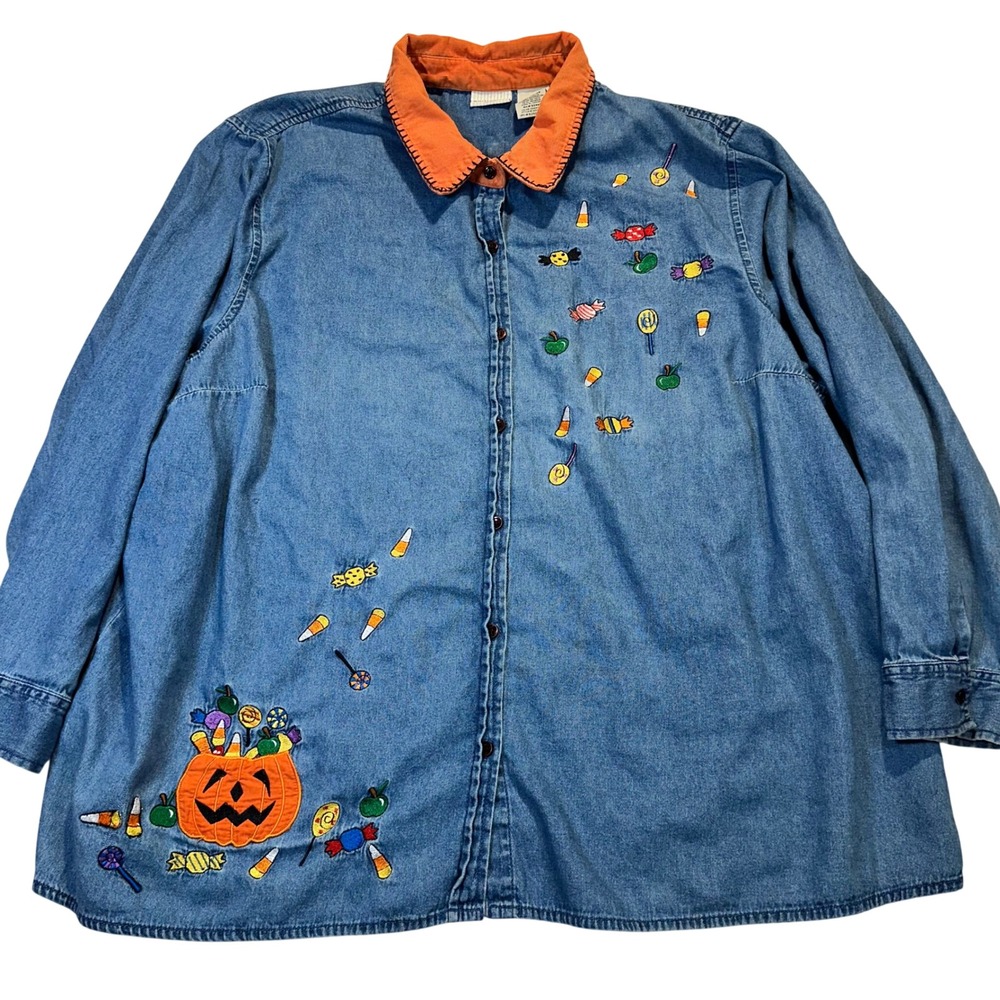 White Stag Denim Button Down Women 26W/28W Blue Halloween Pumpkin Teacher Kitsch